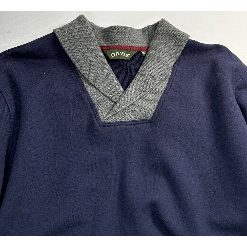 Orvis Men’s Cowl Neck Pullover Sweatshirt Long Sleeve Navy Blue Gray Sz L